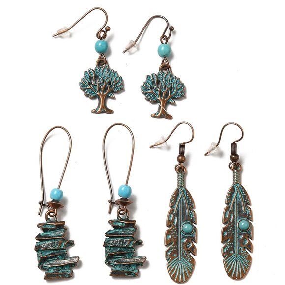 NWOT - 3 Style Tree & Feather & Stone Shape turquoise Dangle Earrings Set, 2/$20 - Picture 1 of 1